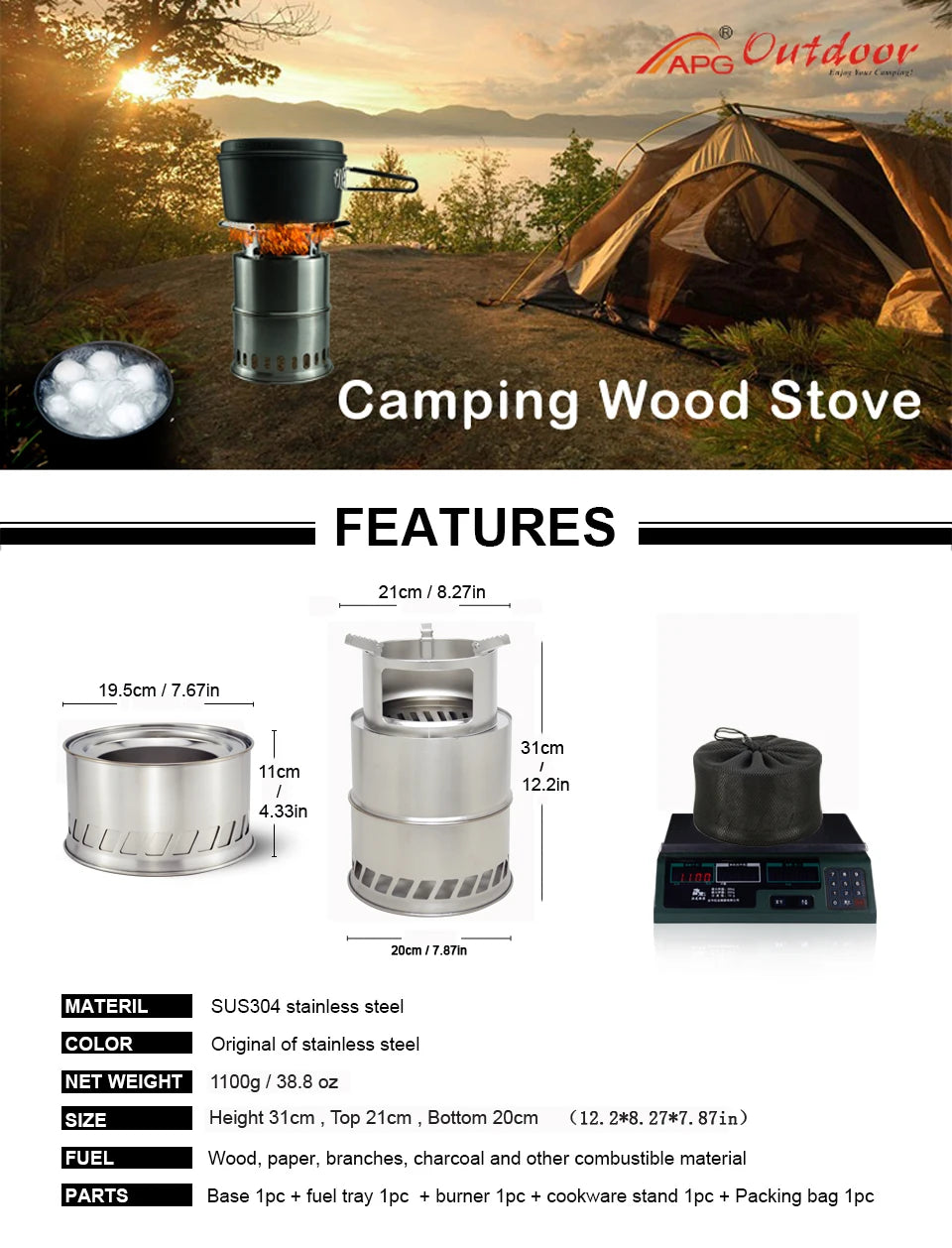 APG Large Size Camping Wood Stove Split Portable Gas Stainless Steel Gas Firewood Burners