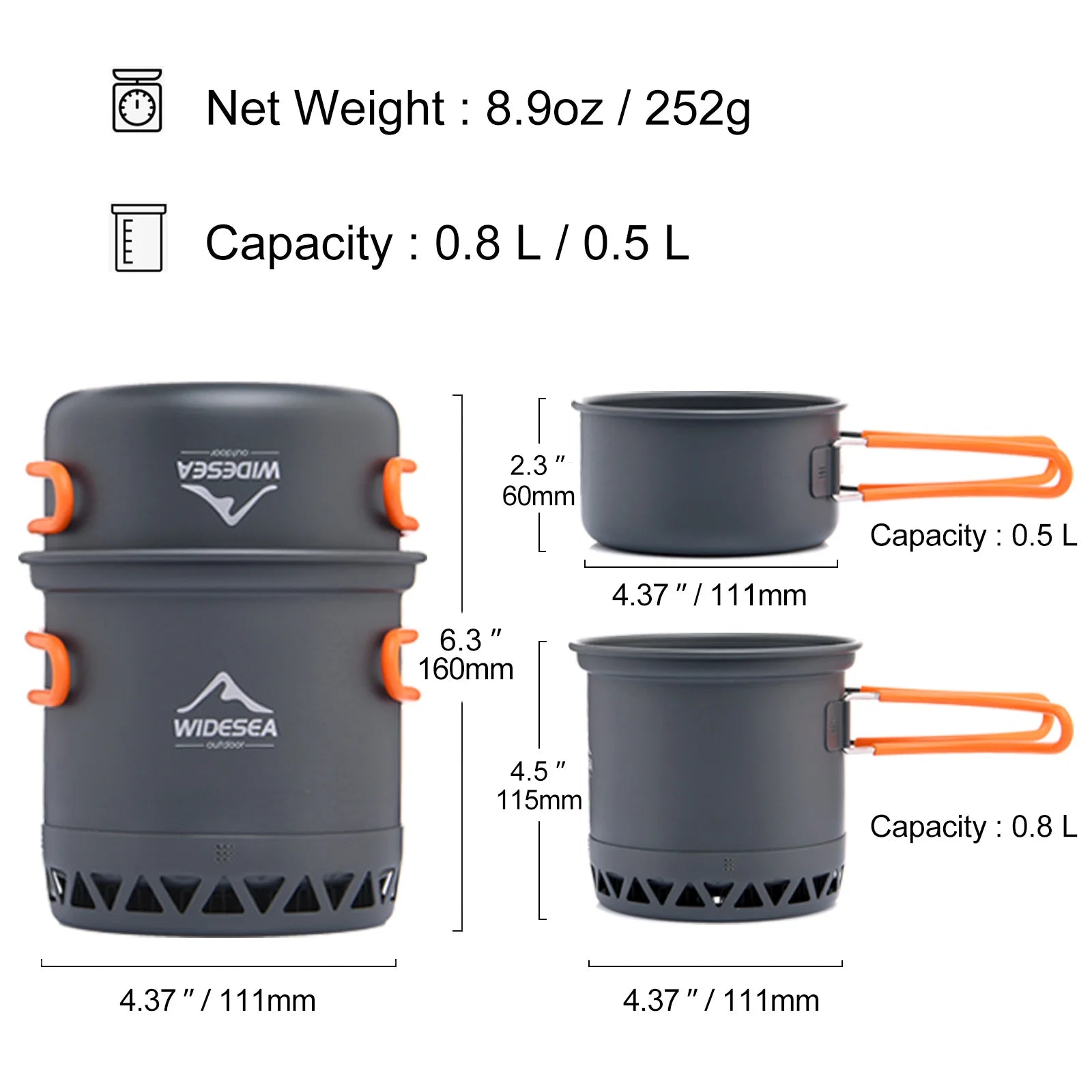Camping Cookware Set 1.3L & 2.3L Outdoor Cooking Pot & Kettle for Hiking & Travel