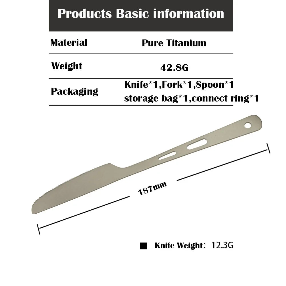 APG Portable 3 PCS Titanium Cutlery Knife Fork Spoon Tableware Lightweight Cookware Kit
