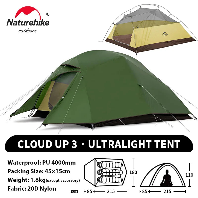 NATUREHIKE Upgraded Cloud Up 3-Person Tent – Ultralight, Waterproof, Tent for Hiking & Camping
