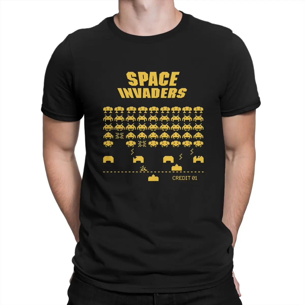 Novelty Game T-Shirts for Men Crew Neck Pure Cotton Space Invaders Short Sleeve Tee Shirt