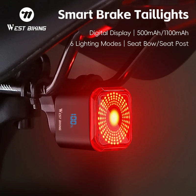 WEST BIKING Rear Bike Light with Brake Sensing & Digital Display – USB Rechargeable Tail Light
