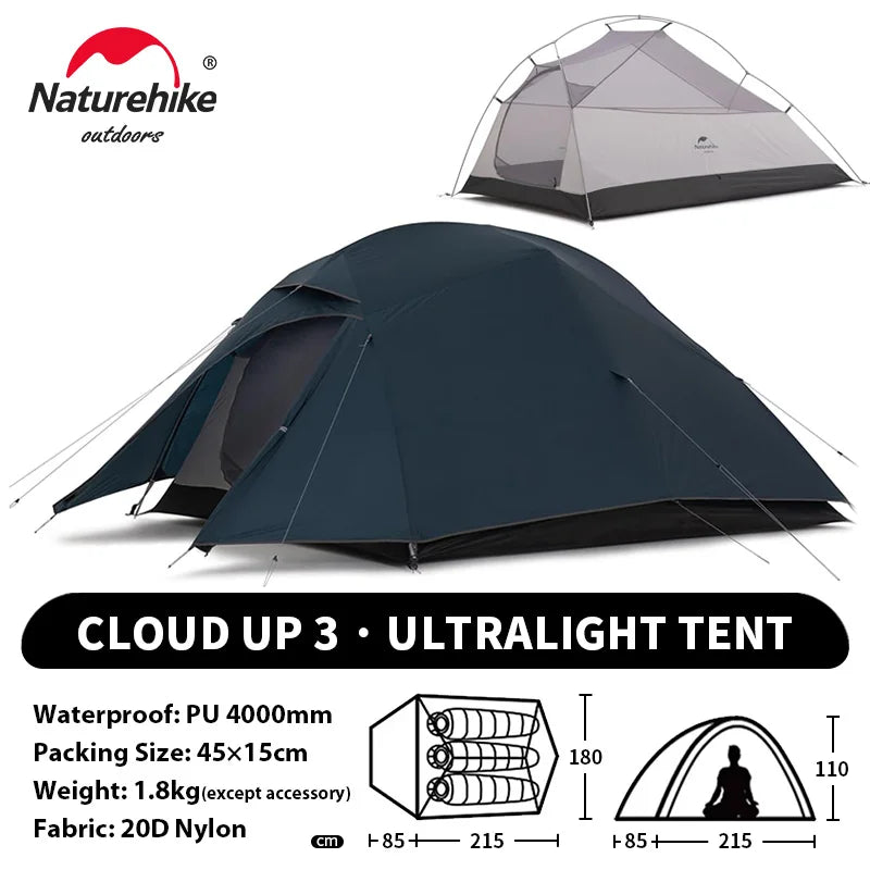NATUREHIKE Upgraded Cloud Up 3-Person Tent – Ultralight, Waterproof, Tent for Hiking & Camping