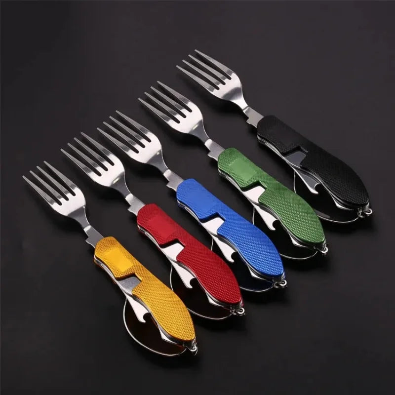 Stainless Steel 4-in-1 Folding Cutlery Set Knife, Fork, Spoon & Bottle Opener for Outdoor Adventures