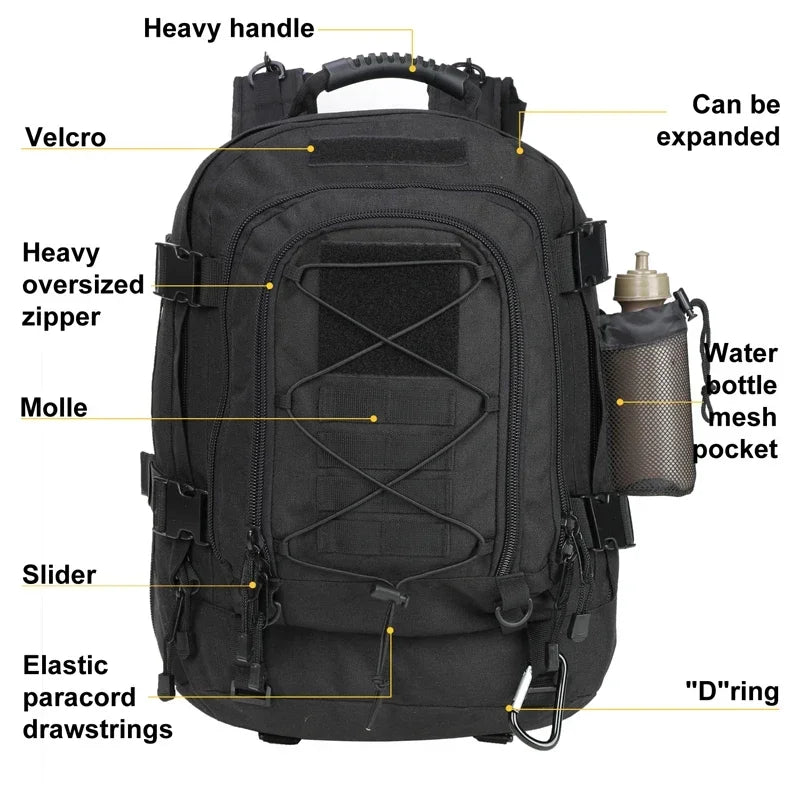 Extra Large 60L Tactical Backpack – Water-Resistant Nylon Rucksack for Hiking, Travel & Outdoor Use