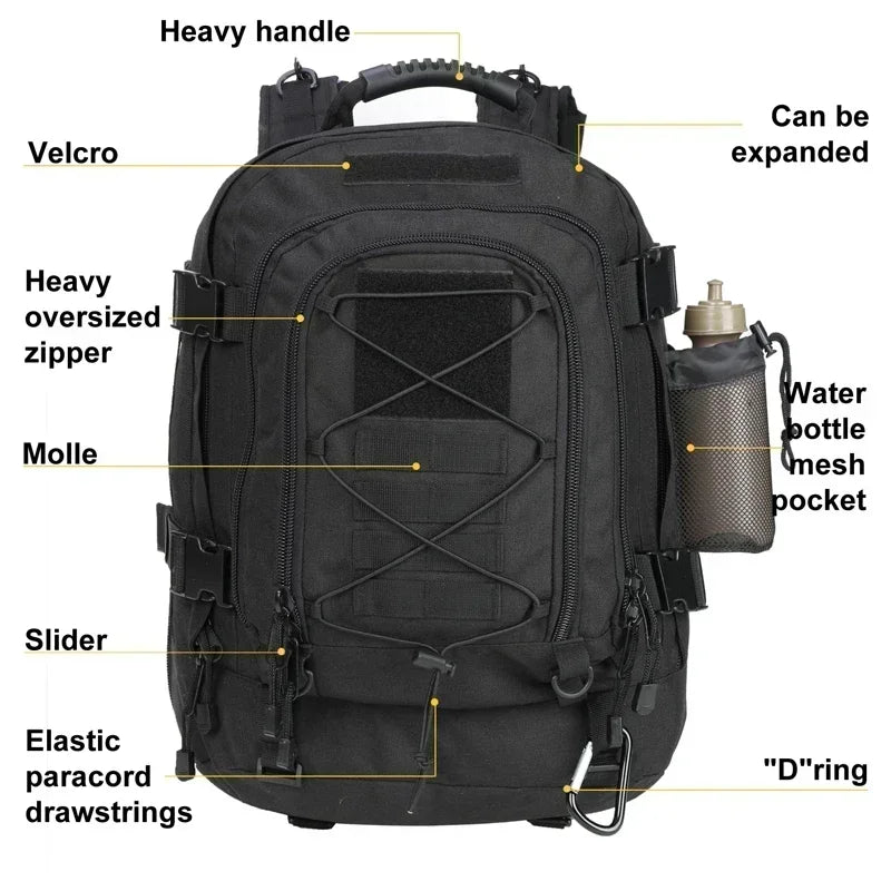 Extra Large 60L Tactical Pack – Water-Resistant Outdoor Rucksack for Hiking, Travel & Laptop Gear