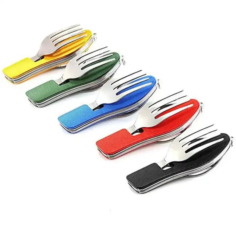 Stainless Steel 4-in-1 Folding Cutlery Set Knife, Fork, Spoon & Bottle Opener for Outdoor Adventures