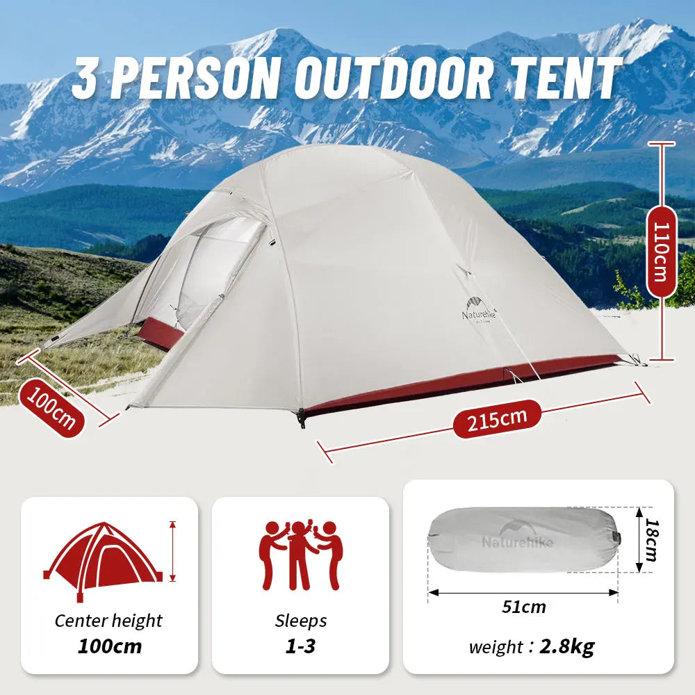 NATUREHIKE Upgraded Cloud Up 3-Person Tent – Ultralight, Waterproof, Tent for Hiking & Camping