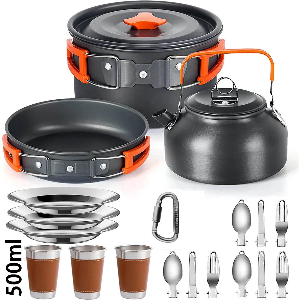 Camping Cookware Set with Pot, Frying Pan & Teapot for 2–3 People