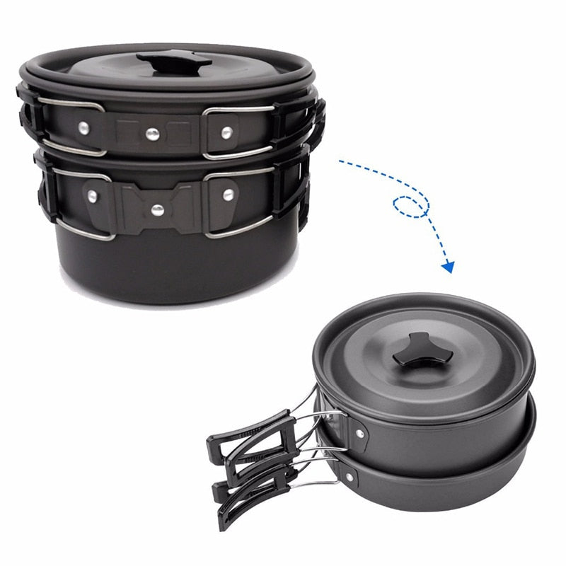 1 Set Outdoor Pots Pans Camping Cookware Picnic Cooking Set Non-stick Tableware With Foldable Spoon