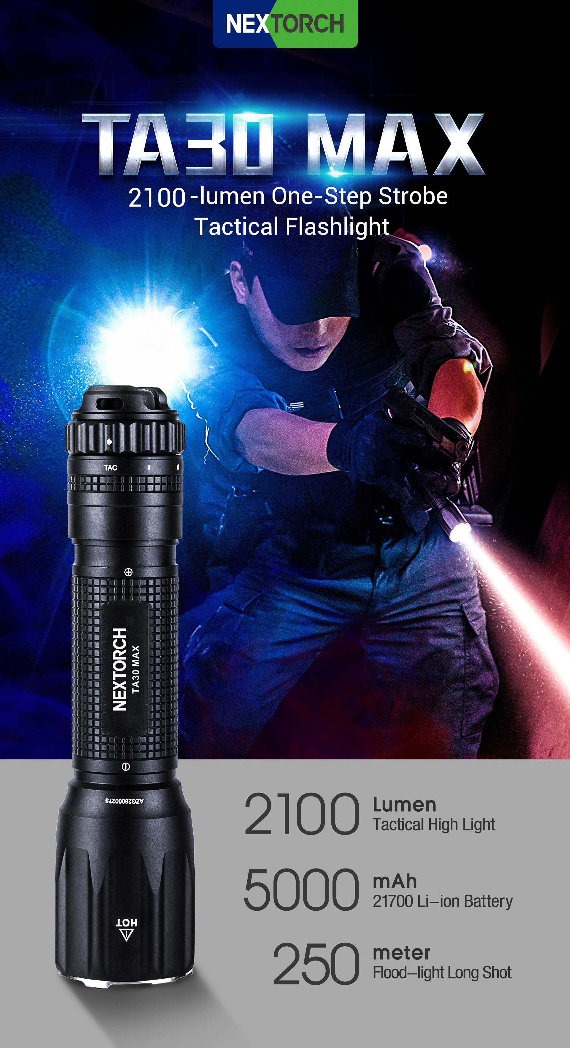 2100 Lumens LED Tactical Flashlight 21700 Battery Bright Rechargeable Waterproof