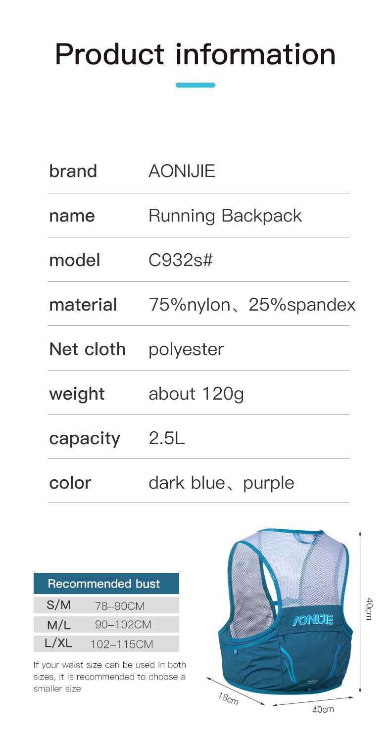 2.5L Portable Hydration Pack Running Backpack Rucksack Bag Vest Harness For Hiking Camping