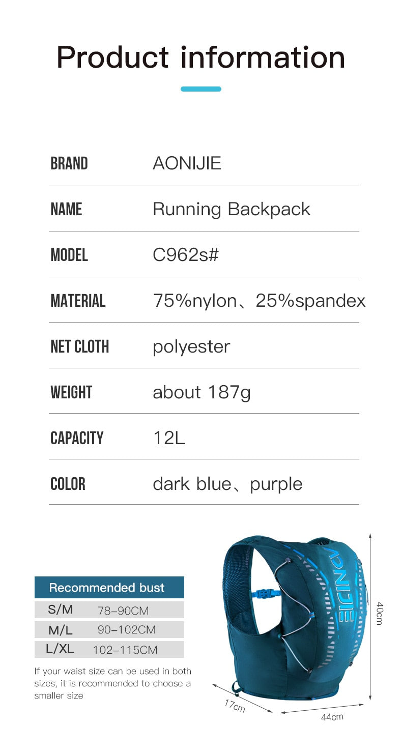 12L Sports Off Road Backpack Running Hydration Bag Vest Soft For Hiking Trail Cycling Marathon Race