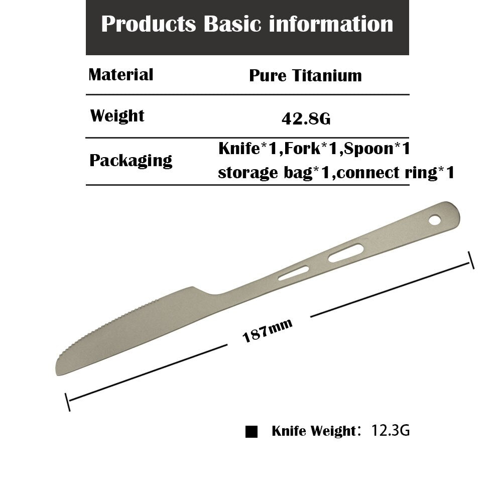 Portable 3 pcs Titanium Cutlery Knife Fork Spoon Camping Picnic Tableware Lightweight Cookware Kit