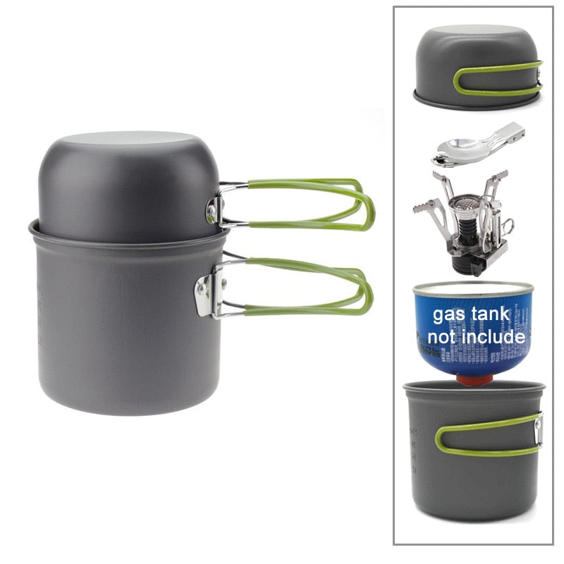 Aluminum Alloy Camping Pot Hiking Picnic Tourist Tableware Set With Folding Spoon Mini Gas Stove
