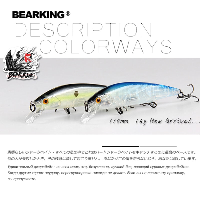 BEARKING 110mm 16g Hot fishing tackle A+ tungsten system fishing lures minnow bait suspending bait 16colors for choose