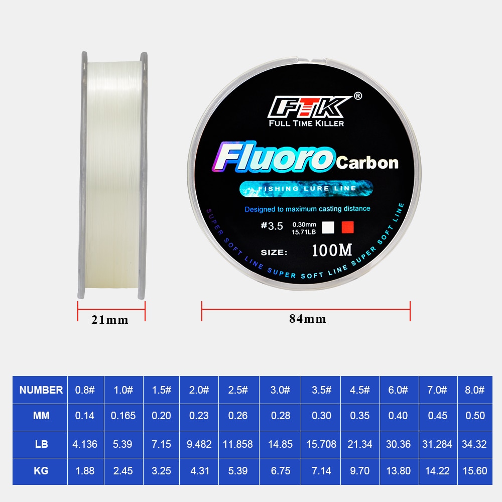 FTK 100m Fluorocarbon Fishing Lure Line 4.13-34.32LB Carbon Fiber Leader Fly Fishing Line Super Soft