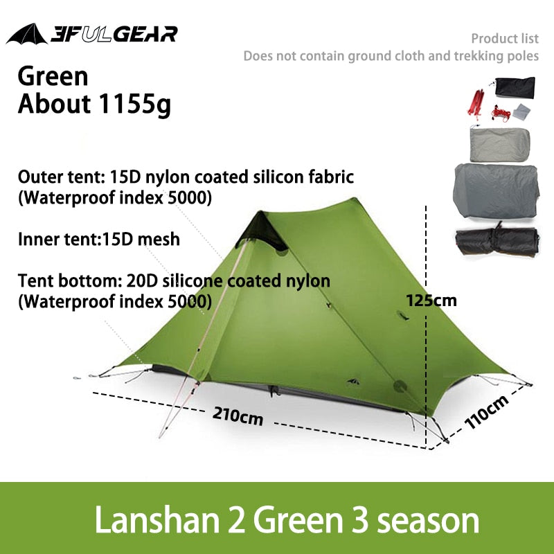 Outdoor Ultralight Camping Tent 3 Season 4 Season Professional 15D Silnylon Rodless Tent