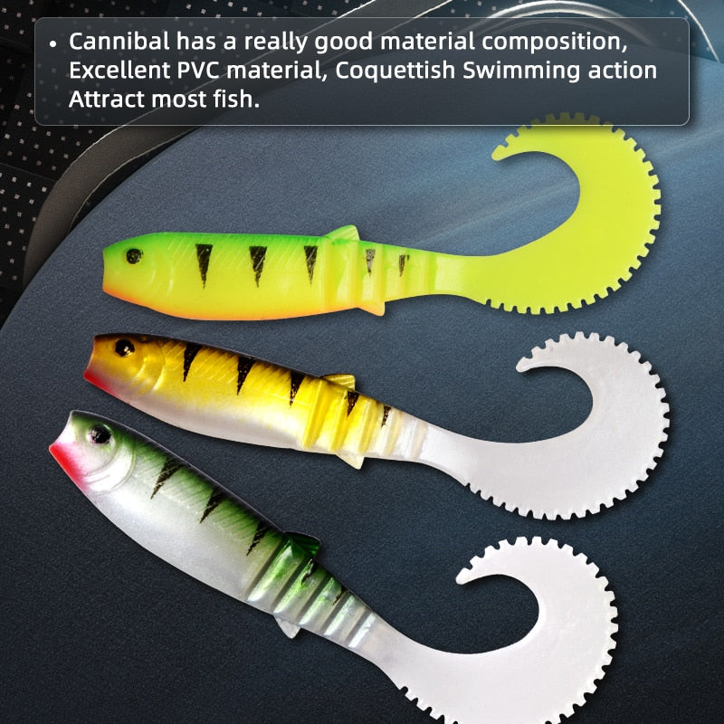 MEREDITH 70mm 90mm 110mm Cannibal Curved Tail Fishing Lures Artificial Wobblers Soft Baits Silicone Shad Worm Bass leurre souple