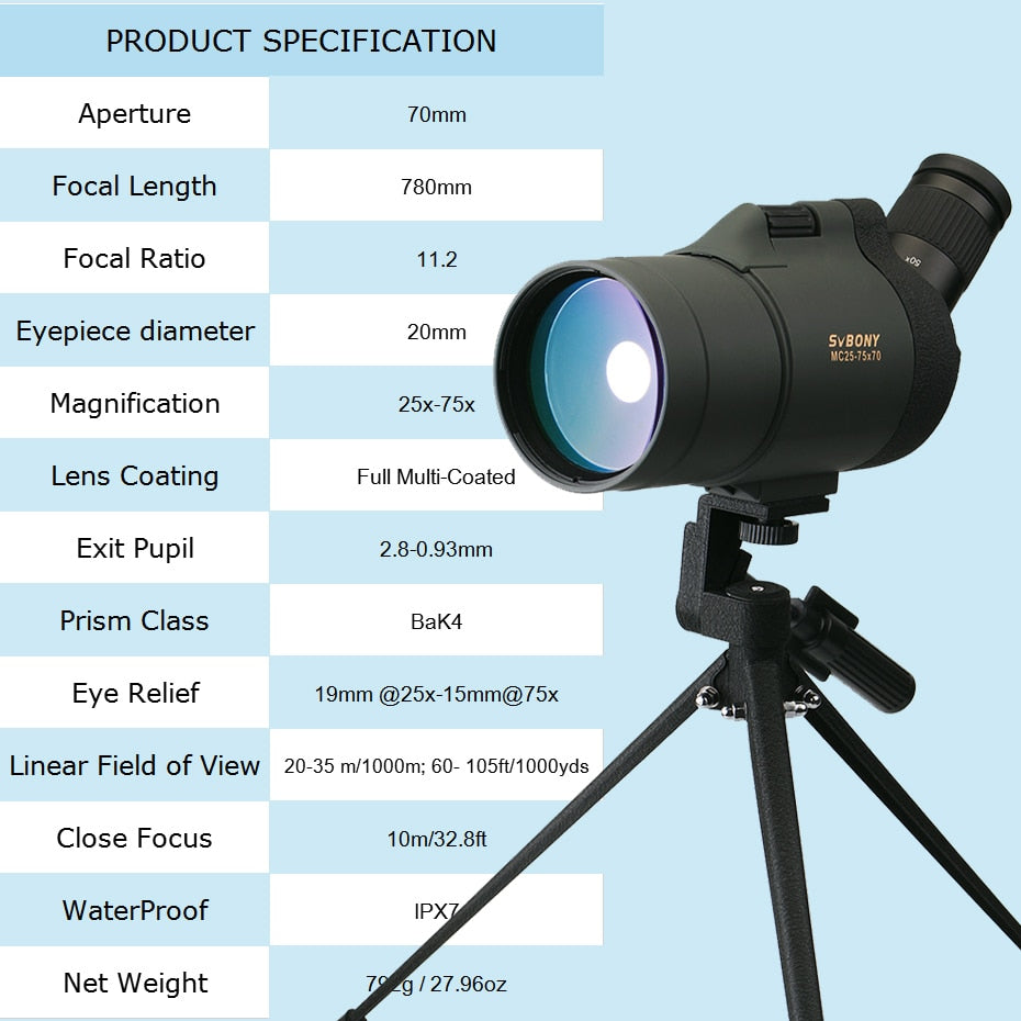 25-75x70 Spotting Scope SV41 Monocular Telescope Refraction Zoom Optics BAK4 Prism