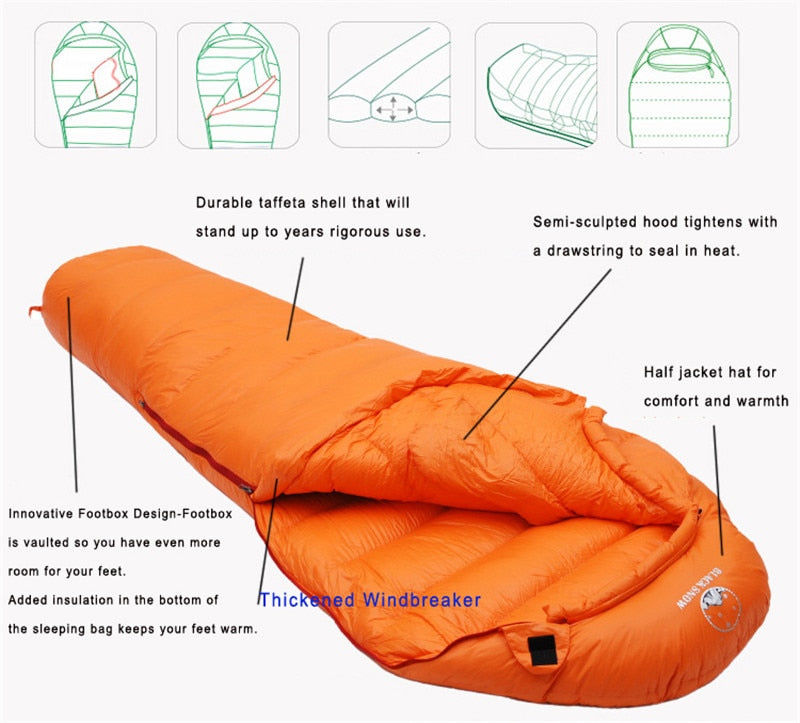 Very warm White goose down filled Adult Mummy style Sleeping bag Fit for Winter Thermal 4 kinds