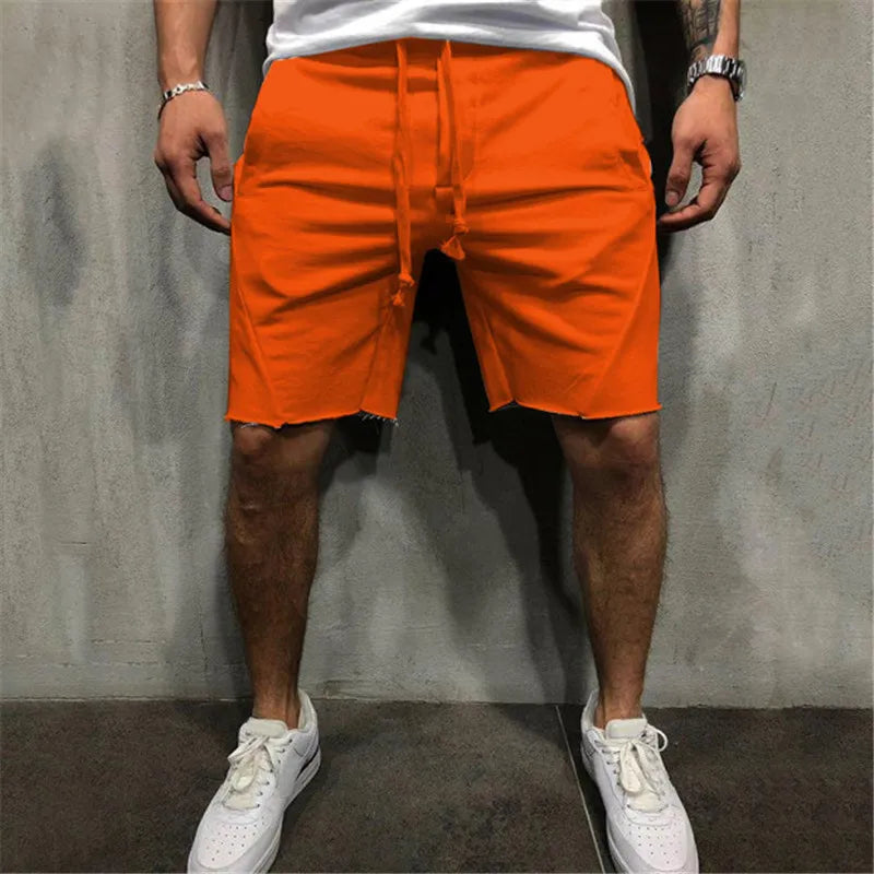 Men’s Solid Colour Ripped Shorts Wild Style Jogger Workout Knee-Length Pants with Drawstring Waist