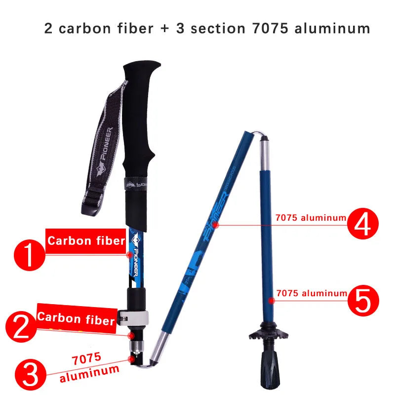 PIONEER Folding Hiking Walking Stick Lightweight Carbon Fibre & Aluminium 5-Part