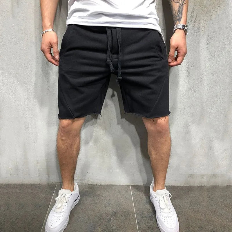 Men’s Solid Colour Ripped Shorts Wild Style Jogger Workout Knee-Length Pants with Drawstring Waist