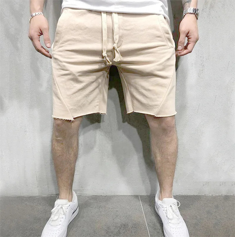 Men’s Solid Colour Ripped Shorts Wild Style Jogger Workout Knee-Length Pants with Drawstring Waist