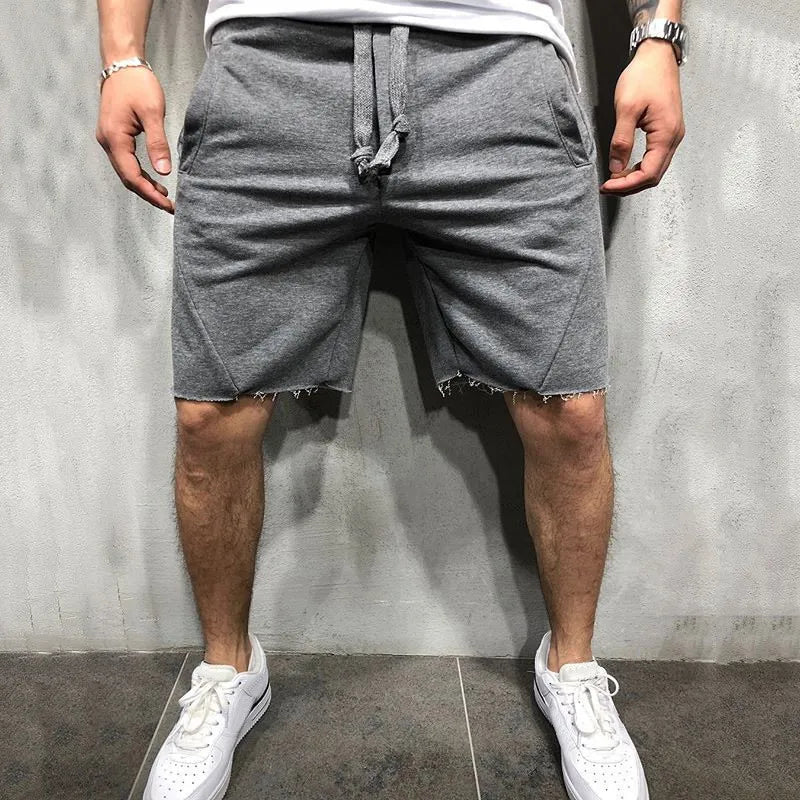 Men’s Solid Colour Ripped Shorts Wild Style Jogger Workout Knee-Length Pants with Drawstring Waist