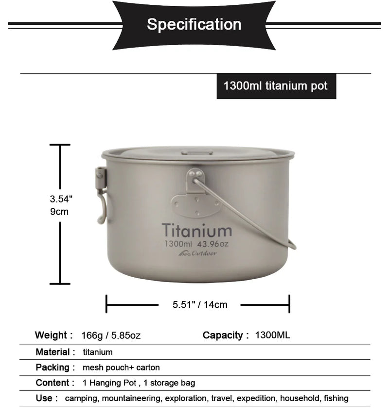 APG 1.3L Titanium Hanging Pot Camping Tableware Cooking Cookware set Ultralight Bowl Tableware