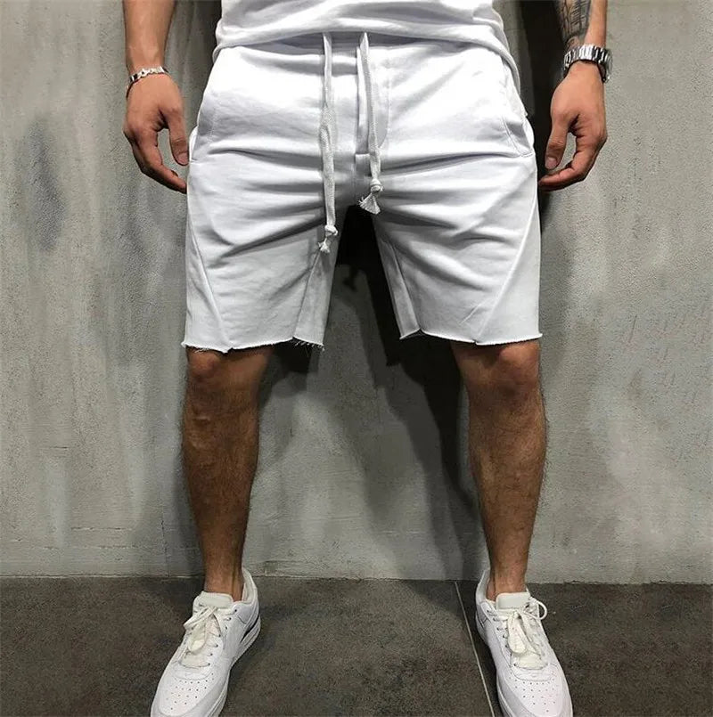 Men’s Solid Colour Ripped Shorts Wild Style Jogger Workout Knee-Length Pants with Drawstring Waist