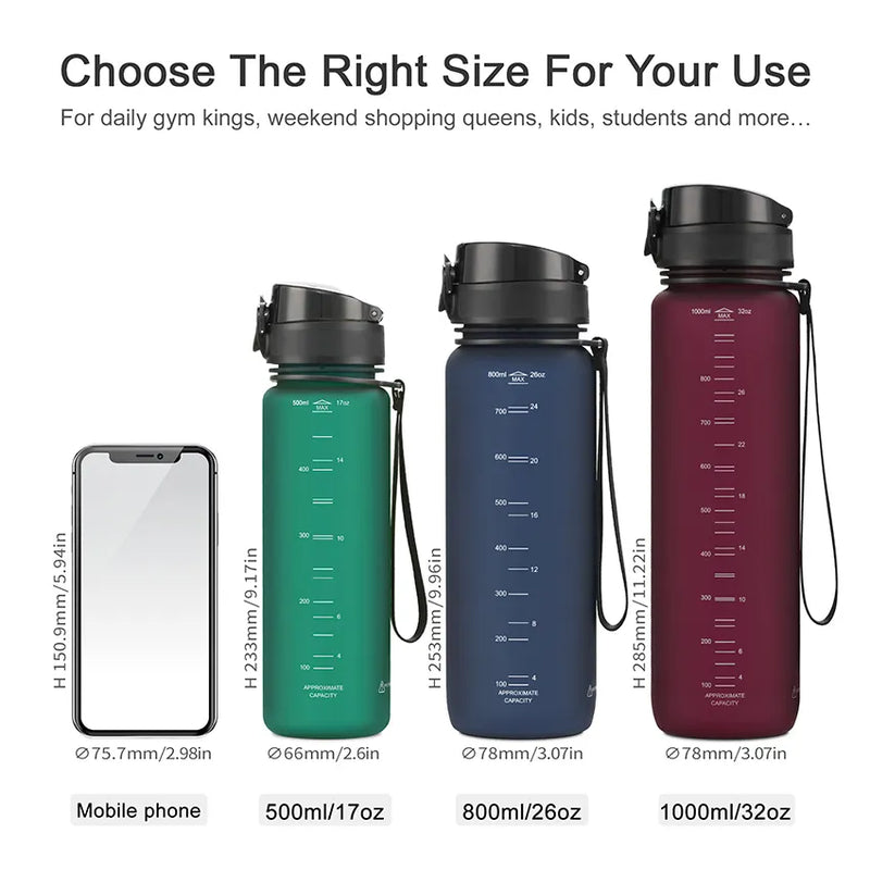 500/800/1000ml Sports Water Bottle BPA Free Portable Leak-proof Shaker Bottle Plastic Drinkware