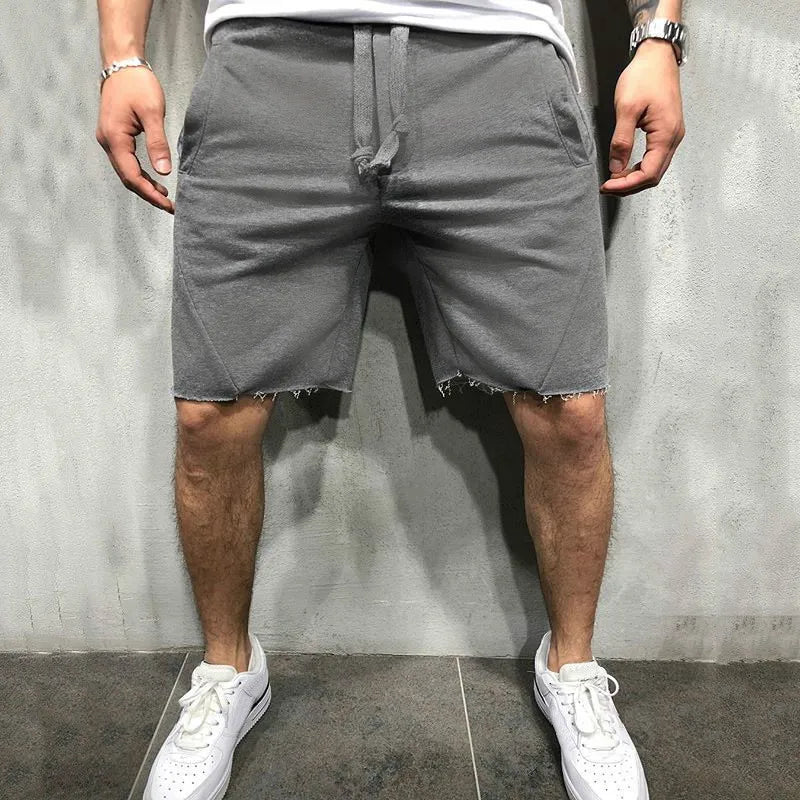 Men’s Solid Colour Ripped Shorts Wild Style Jogger Workout Knee-Length Pants with Drawstring Waist