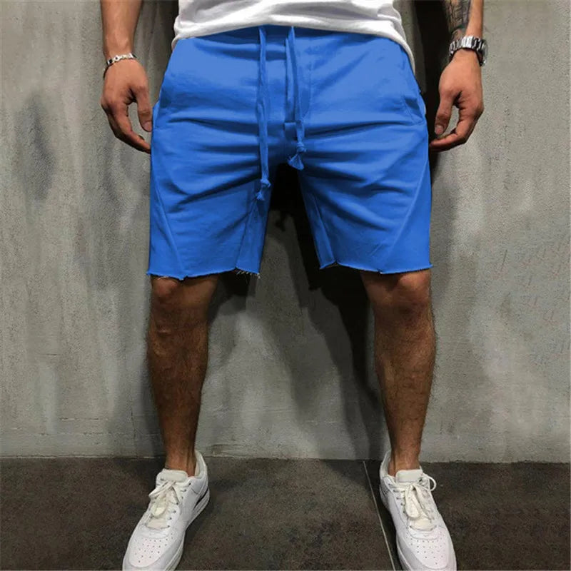 Men’s Solid Colour Ripped Shorts Wild Style Jogger Workout Knee-Length Pants with Drawstring Waist