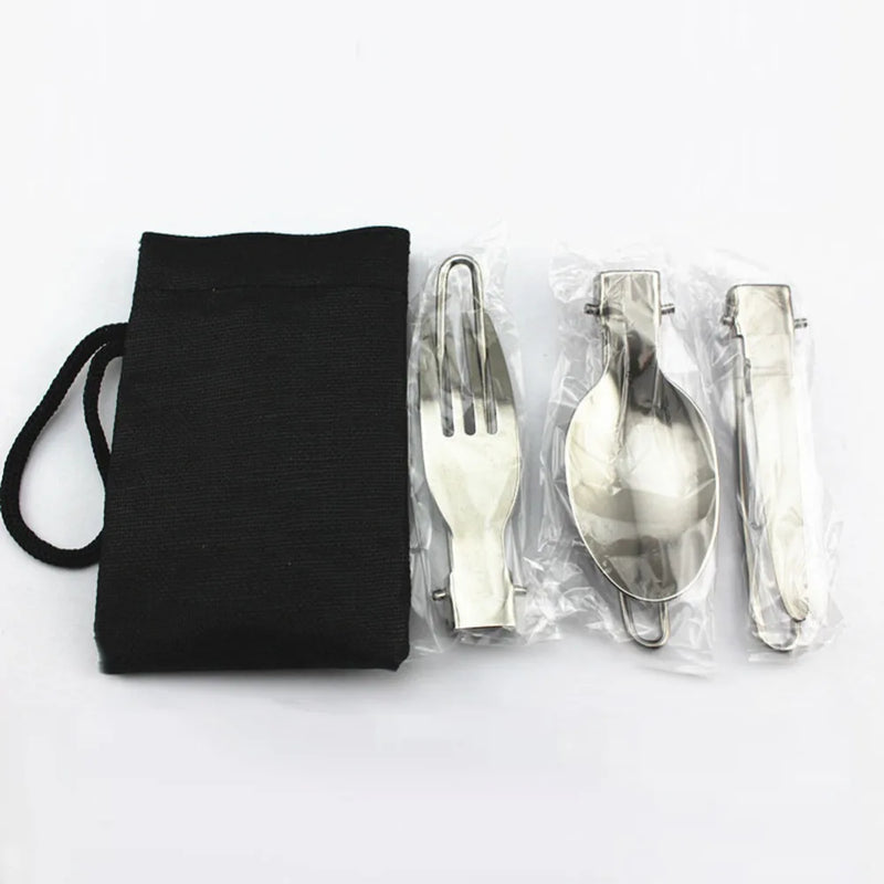 APG Portable Folding Spoon Fork 3 in 1 Camping Survival Outdoor Set Tableware with Bag