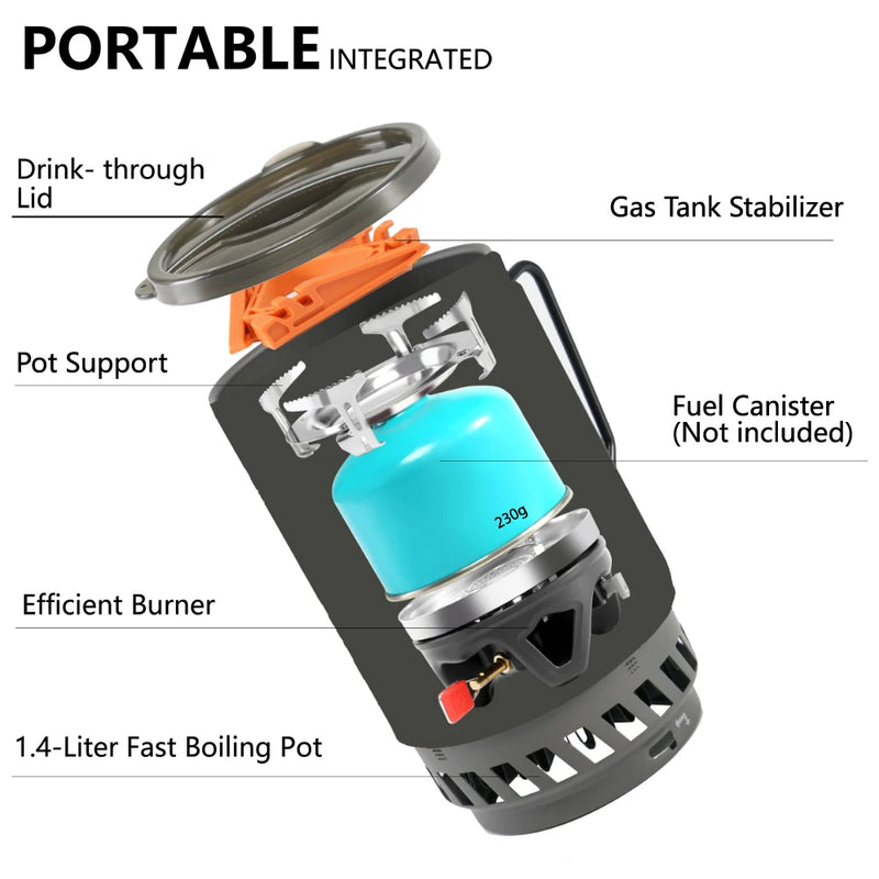 APG Portable Cooking System Outdoor Hiking Stove Heat Exchanger Pot Propane Gas Burners 1400ml