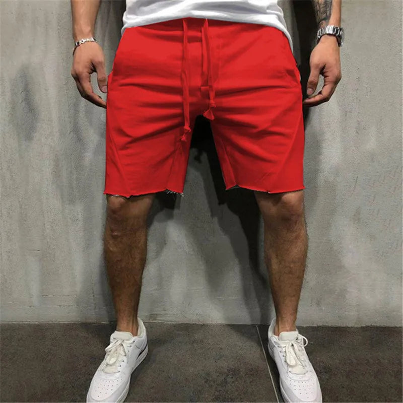 Men’s Solid Colour Ripped Shorts Wild Style Jogger Workout Knee-Length Pants with Drawstring Waist