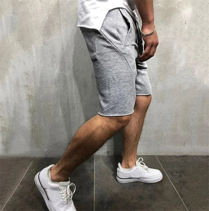 Men’s Solid Colour Ripped Shorts Wild Style Jogger Workout Knee-Length Pants with Drawstring Waist