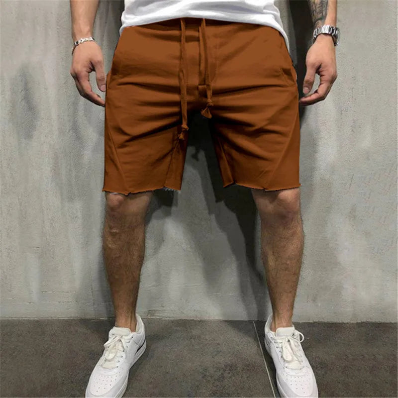Men’s Solid Colour Ripped Shorts Wild Style Jogger Workout Knee-Length Pants with Drawstring Waist
