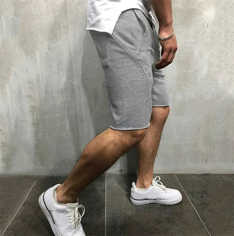 Men’s Solid Colour Ripped Shorts Wild Style Jogger Workout Knee-Length Pants with Drawstring Waist