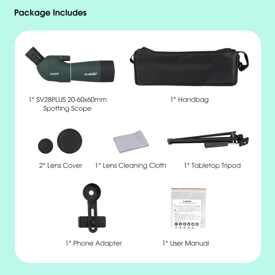 SVBONY SV28PLUS 25–75x Spotting Scope – 50/60/70mm FMC BAK4 Prism Long-Range Telescope