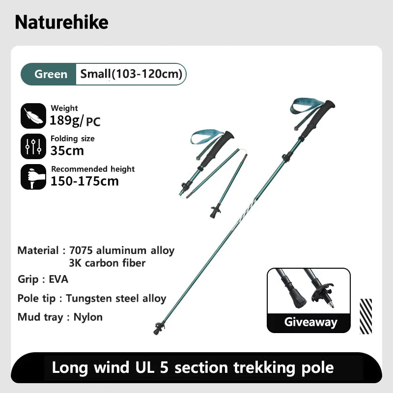 Naturehike Five-Section Folding Carbon Trekking Poles 103–135cm Lightweight Walking Sticks