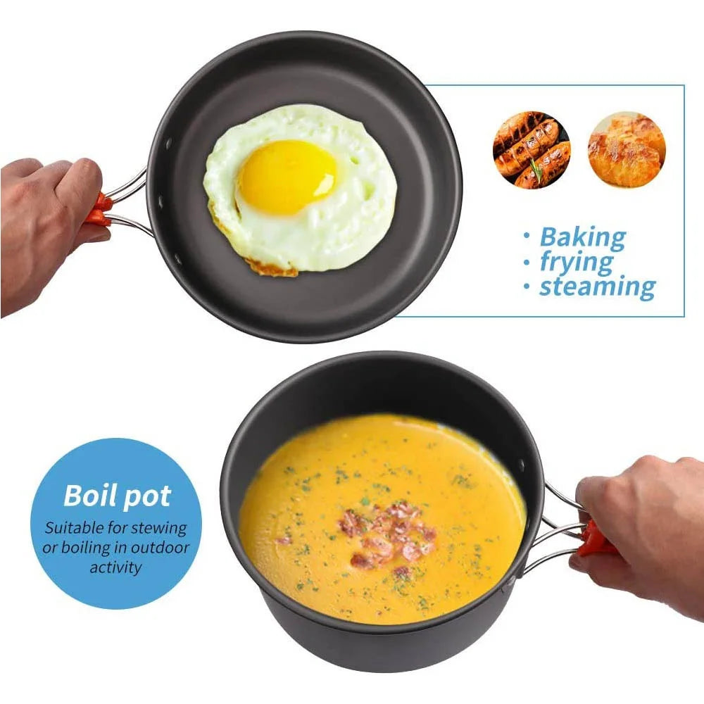 Camping Cookware Set with Pot, Frying Pan & Teapot for 2–3 People