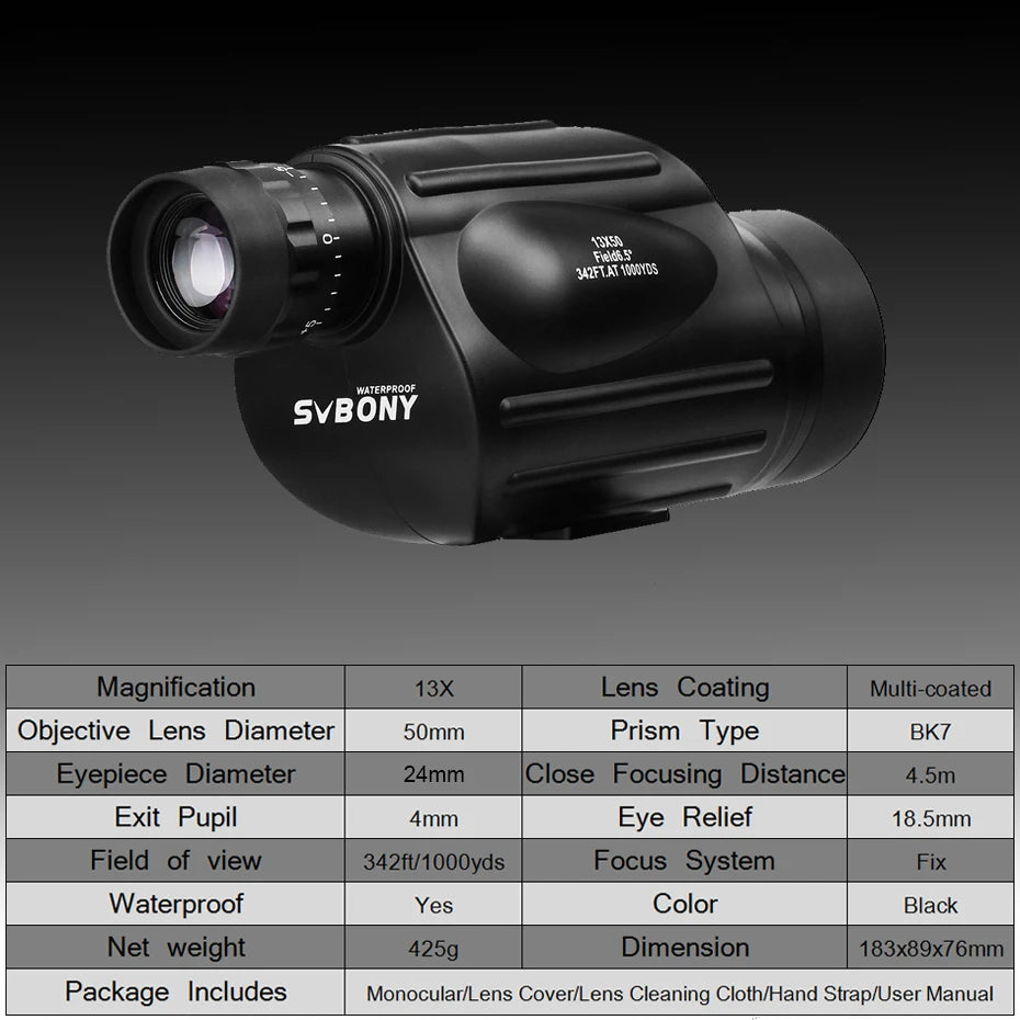 SV49 13x50 Powerful Waterproof Monocular Telescope for Camping Hiking Birdwatching