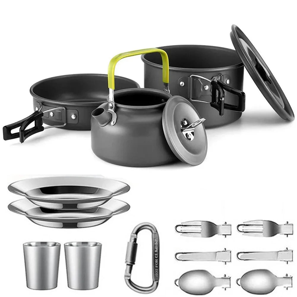 Camping Cookware Set with Pot, Frying Pan & Teapot for 2–3 People