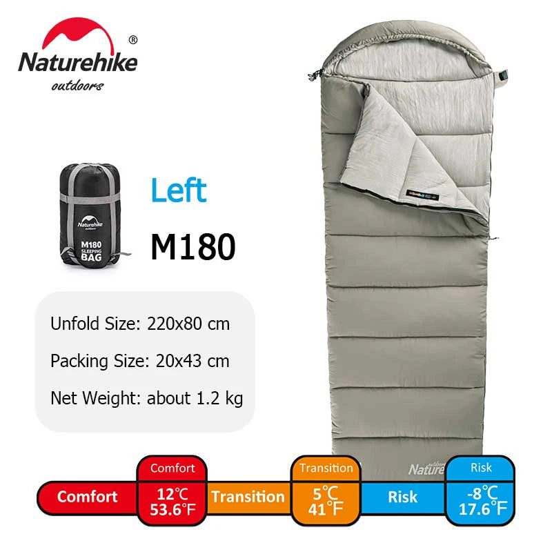 M180 Ultralight Hooded Sleeping Bag Waterproof Spliceable Winter Camping Warm 1℃–12℃