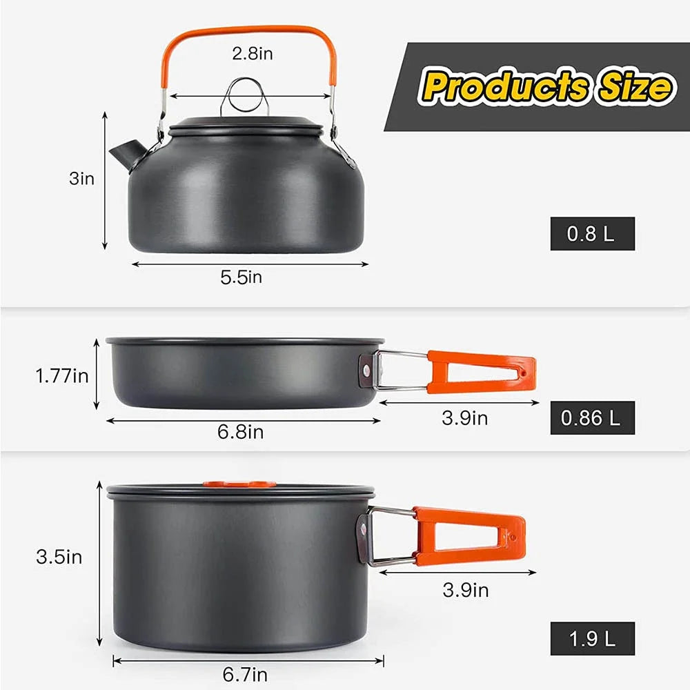 Camping Cookware Set with Pot, Frying Pan & Teapot for 2–3 People