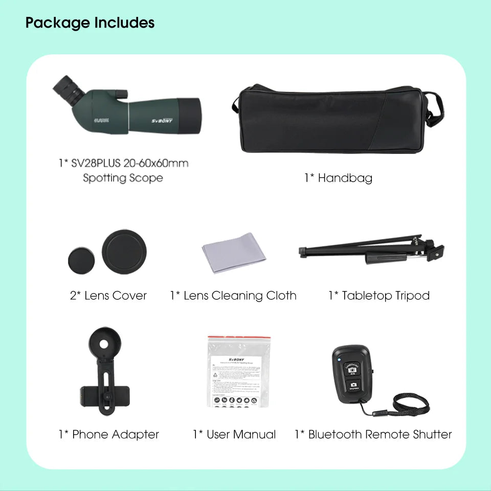 SVBONY SV28PLUS 25–75x Spotting Scope – 50/60/70mm FMC BAK4 Prism Long-Range Telescope