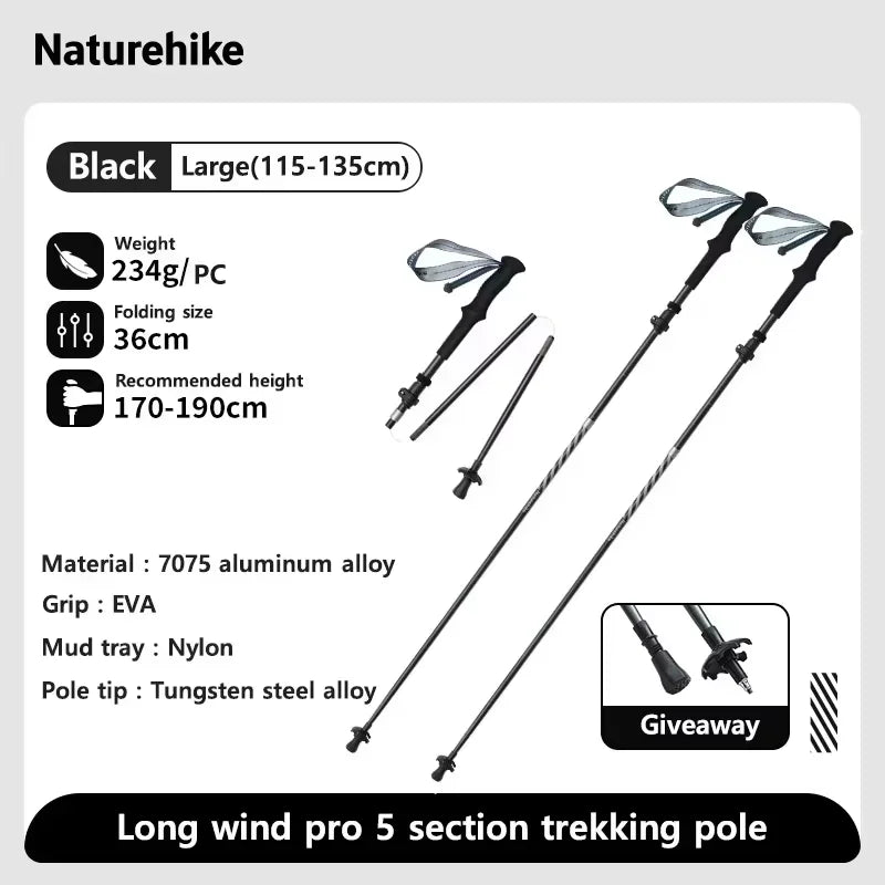 Naturehike Five-Section Folding Carbon Trekking Poles 103–135cm Lightweight Walking Sticks